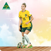 Person wearing a yellow and green soccer jersey with a soccer ball on a wooden floor.